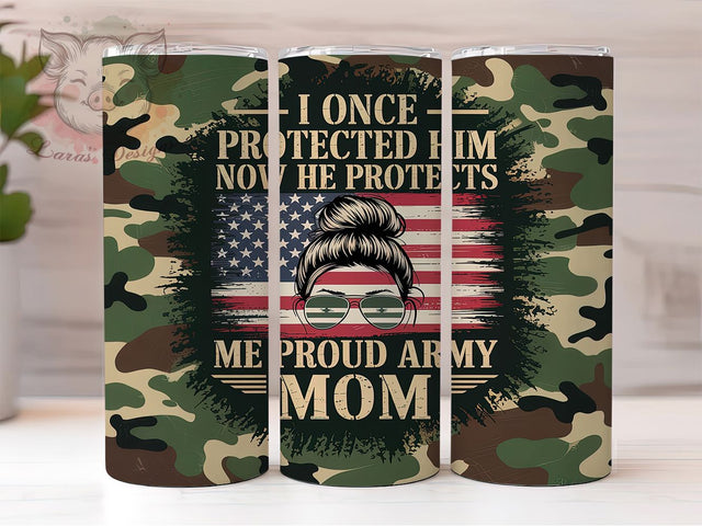 Military Mom Messy Bun Tumbler, Patriotic Tumbler, Camo Tumbler Design, Messy Bun Tumbler, 20oz Tumbler Sublimation, Camouflage Tumbler, I Protected Him Tumbler Sublimation Lara' s Designs 