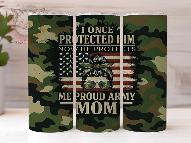 Military Mom Messy Bun Tumbler, Patriotic Tumbler, Camo Tumbler Design, Messy Bun Tumbler, 20oz Tumbler Sublimation, Camouflage Tumbler, I Protected Him Tumbler Sublimation Lara' s Designs 