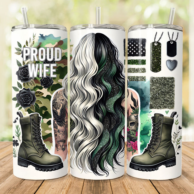 Military Wife Tumbler Wrap, Military Boots, Proud Patriotic Wife, US American Flag, 20 Oz Skinny Sublimation Tumbler Wrap Digital Design PNG Sublimation She Shed Craft Store 