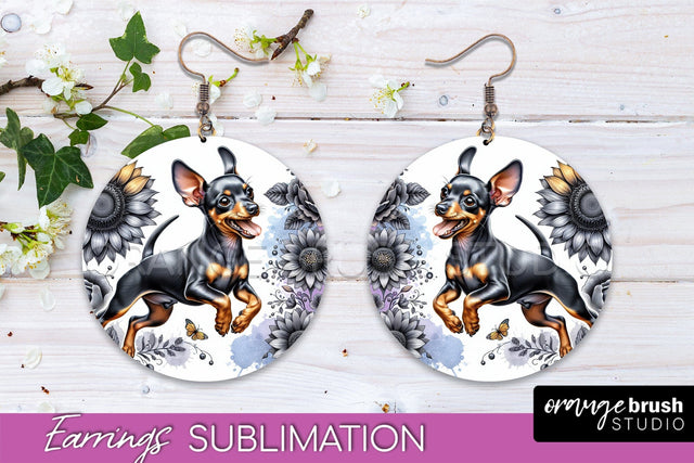Miniature Pinscher Earrings - Dog Mom Floral Round Earring Sublimation Sublimation OrangeBrushStudio 