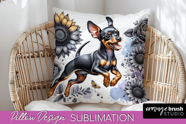 Miniature Pinscher Pillow Cover - Dog Mom Floral Pillow Sublimation Sublimation OrangeBrushStudio 