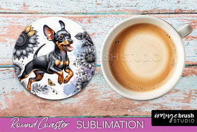 Miniature Pinscher Round Coaster - Dog Mom Floral Coaster Sublimation Sublimation OrangeBrushStudio 