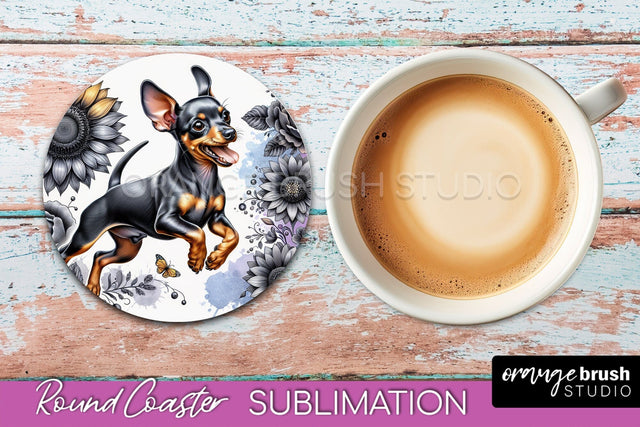 Miniature Pinscher Round Coaster - Dog Mom Floral Coaster Sublimation Sublimation OrangeBrushStudio 