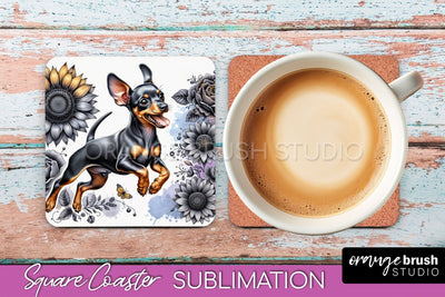 Miniature Pinscher Square Coaster - Dog Mom Floral Coaster Sublimation Sublimation OrangeBrushStudio 