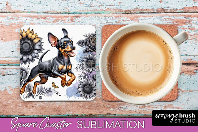 Miniature Pinscher Square Coaster - Dog Mom Floral Coaster Sublimation Sublimation OrangeBrushStudio 