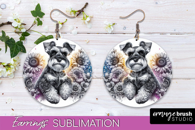 Miniature Schnauzer Earrings - Dog Mom Floral Round Earring Sublimation Sublimation OrangeBrushStudio 