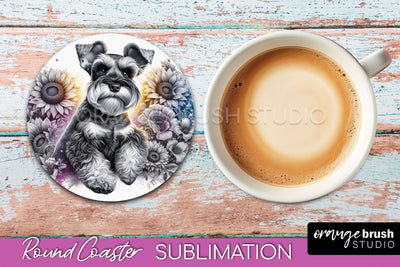 Miniature Schnauzer Round Coaster - Dog Mom Floral Coaster Sublimation Sublimation OrangeBrushStudio 