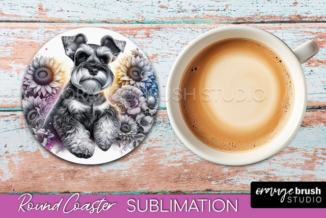 Miniature Schnauzer Round Coaster - Dog Mom Floral Coaster Sublimation Sublimation OrangeBrushStudio 