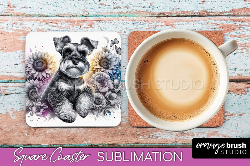 Miniature Schnauzer Square Coaster - Dog Mom Floral Coaster Sublimation Sublimation OrangeBrushStudio 