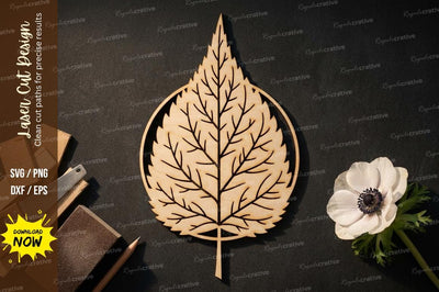 Minimal Leaf Circle Frame – Laser Cut Wooden Botanical Wall Art Design SVG Regulrcrative 