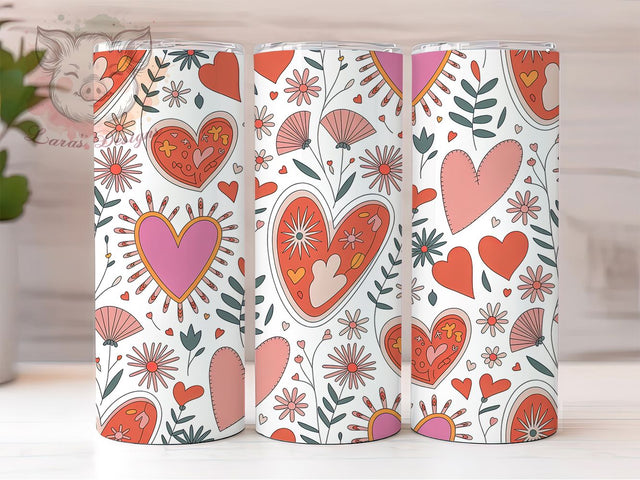 Minimalist Heart Floral Tumbler, Hearts and Flowers, Minimalist Style, Romantic Chic Design, Elegant Outline Art, Seamless Wrap, Valentine Theme, 20Oz Tumbler, Sublimation Sublimation Lara' s Designs 