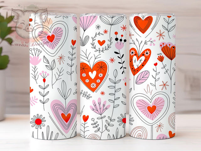 Minimalist Heart Floral Tumbler, Hearts and Flowers, Minimalist Style, Romantic Chic Design, Elegant Outline Art, Seamless Wrap, Valentine Theme, 20Oz Tumbler, Sublimation Sublimation Lara' s Designs 