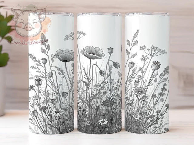 Minimalist Monochrome Floral Tumbler, Modern Flower Pattern, Botanical Tumbler Art, Minimalist Floral Cup, Elegant Flower Gift, Simple Nature Design, Black White Pattern Sublimation Lara' s Designs 