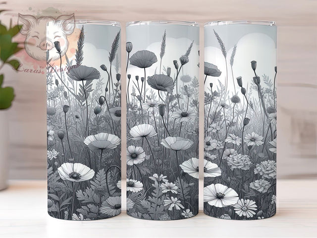 Minimalist Monochrome Floral Tumbler, Modern Flower Pattern, Botanical Tumbler Art, Minimalist Floral Cup, Elegant Flower Gift, Simple Nature Design, Black White Pattern Sublimation Lara' s Designs 