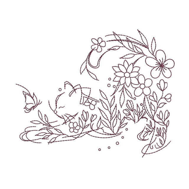 Minimalist Resting Cat and Wildflowers Outline Machine Embroidery Design Digital Download File Embroidery/Applique DESIGNS Nino Nadaraia 