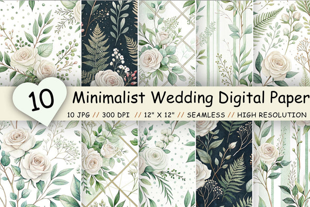 Minimalist Wedding Digital Paper Pack, Seamless Watercolor Pattern Bundle, Printable Scrapbook Paper, Modern Bridal Design Collection Digital Pattern FloridPrintables 
