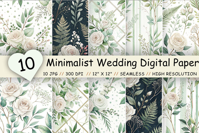 Minimalist Wedding Digital Paper Pack, Seamless Watercolor Pattern Bundle, Printable Scrapbook Paper, Modern Bridal Design Collection Digital Pattern FloridPrintables 