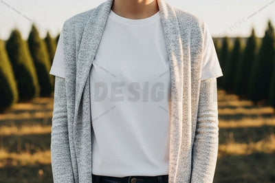 Minimalist white t-shirt with grey cardigan Mock Up Photo Designangry 