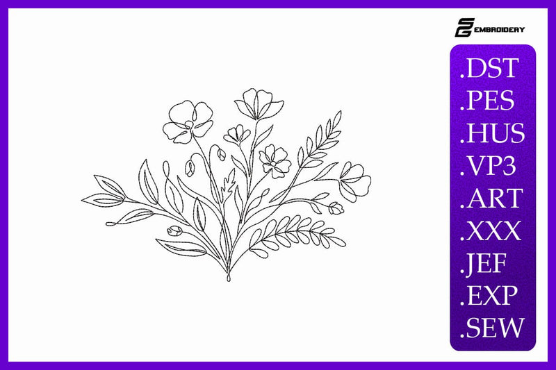 Minimalist Wildflower Bouquet Botanical Line Art Embroidery Design - So ...