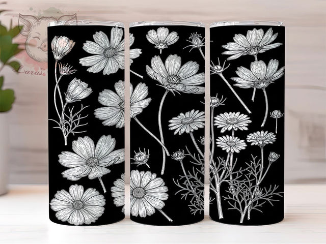 Minimalist Wildflower Tumbler Wrap, Black and White Floral Tumbler, 20oz Sublimation Tumbler, Hand Drawn Flower Tumbler, Minimalist Floral Design, Botanical Line Art Tumbler Sublimation Lara' s Designs 