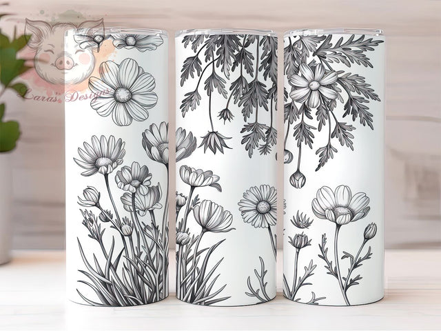Minimalist Wildflower Tumbler Wrap, Black and White Floral Tumbler, 20oz Sublimation Tumbler, Hand Drawn Flower Tumbler, Minimalist Floral Design, Botanical Line Art Tumbler Sublimation Lara' s Designs 