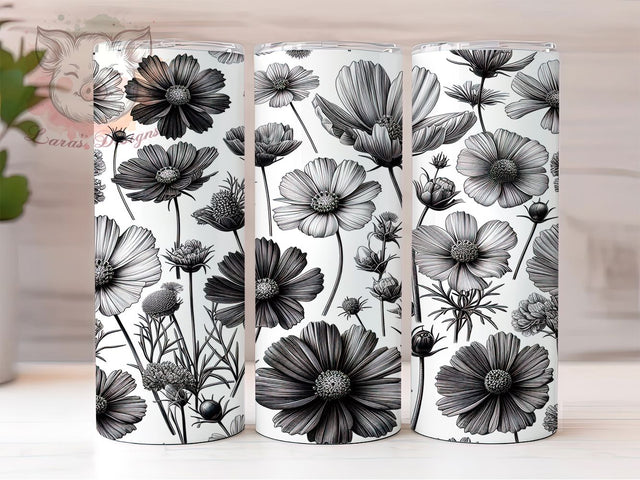 Minimalist Wildflower Tumbler Wrap, Black and White Floral Tumbler, 20oz Sublimation Tumbler, Hand Drawn Flower Tumbler, Minimalist Floral Design, Botanical Line Art Tumbler Sublimation Lara' s Designs 