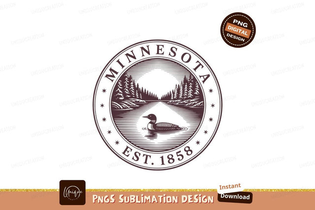 Minnesota state emblem with loon and trees bird Sublimation Designangry 