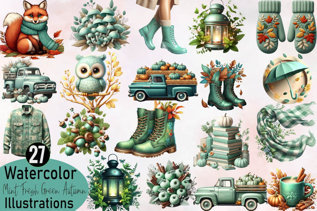 Mint Fresh Green Autumn Clipart Bundle Sublimation SVGArt 