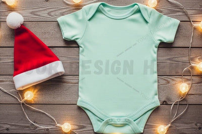 Mint green baby onesie with santa hat and holiday lights Mock Up Photo Designangry 