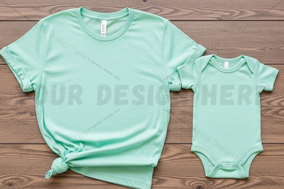 Mint green t-shirt and baby onesie set Mock Up Photo Regulrcrative 
