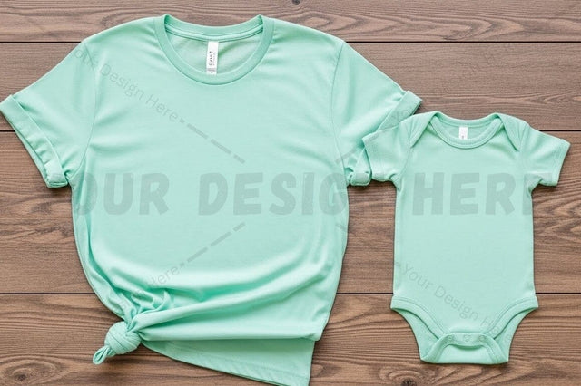 Mint green t-shirt and baby onesie set Mock Up Photo Regulrcrative 