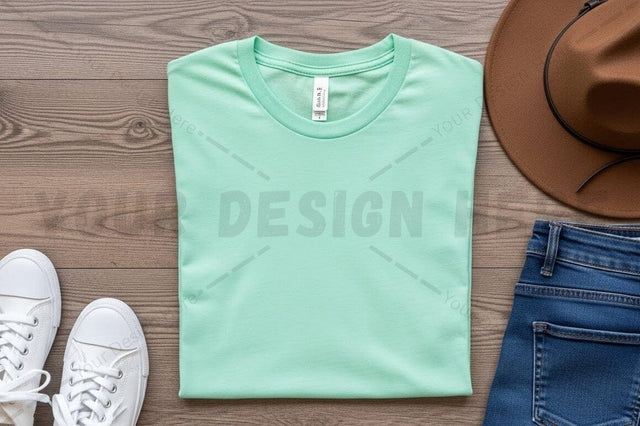 Mint green t-shirt mockup with accessories Mock Up Photo Regulrcrative 