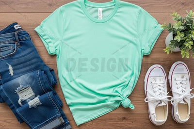 Mint green t-shirt mockup with casual outfit Mock Up Photo Regulrcrative 