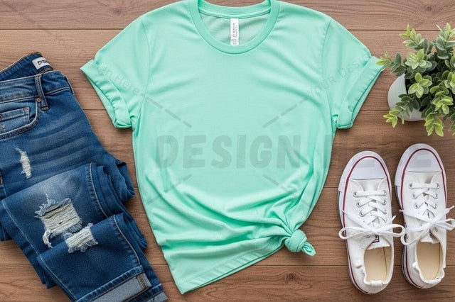 Mint green t-shirt mockup with casual outfit Mock Up Photo Regulrcrative 