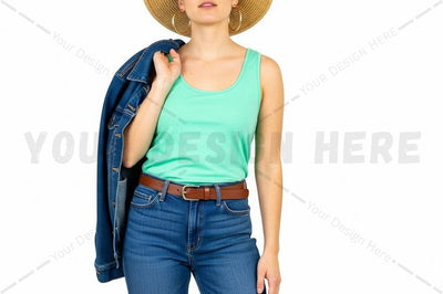 Mint green tank top with denim jacket and straw hat Mock Up Photo Regulrcrative 