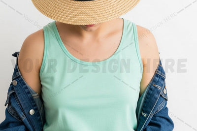 Mint green tank top with denim jacket and straw hat Mock Up Photo Regulrcrative 