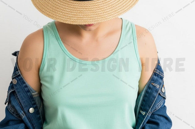 Mint green tank top with denim jacket and straw hat Mock Up Photo Regulrcrative 