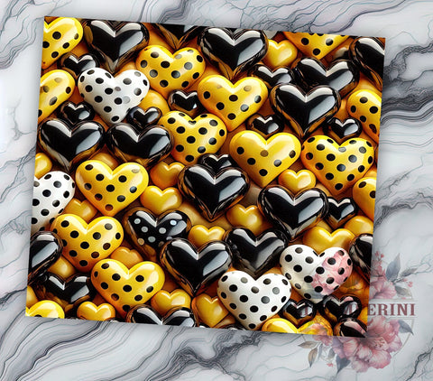 Modern 3D Dotted Hearts Yellow Tumbler, Yellow and Black Design, 20oz Tumbler Wrap, Heart Sublimation Art, Cute Drinkware Design, Modern Heart Tumbler, Valentine’s Day Gift Sublimation Li Zamperini 