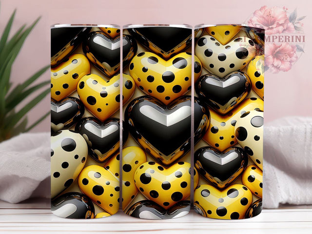 Modern 3D Dotted Hearts Yellow Tumbler, Yellow and Black Design, 20oz Tumbler Wrap, Heart Sublimation Art, Cute Drinkware Design, Modern Heart Tumbler, Valentine’s Day Gift Sublimation Li Zamperini 