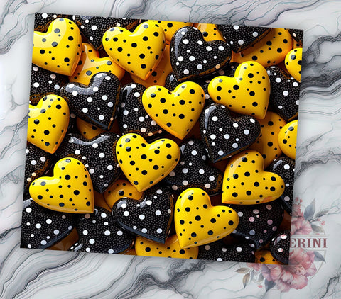 Modern 3D Dotted Hearts Yellow Tumbler, Yellow and Black Design, 20oz Tumbler Wrap, Heart Sublimation Art, Cute Drinkware Design, Modern Heart Tumbler, Valentine’s Day Gift Sublimation Li Zamperini 
