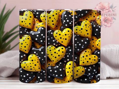 Modern 3D Dotted Hearts Yellow Tumbler, Yellow and Black Design, 20oz Tumbler Wrap, Heart Sublimation Art, Cute Drinkware Design, Modern Heart Tumbler, Valentine’s Day Gift Sublimation Li Zamperini 