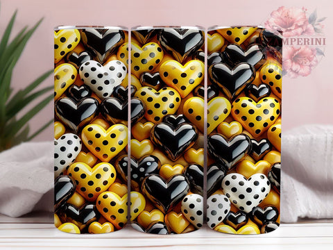 Modern 3D Dotted Hearts Yellow Tumbler, Yellow and Black Design, 20oz Tumbler Wrap, Heart Sublimation Art, Cute Drinkware Design, Modern Heart Tumbler, Valentine’s Day Gift Sublimation Li Zamperini 