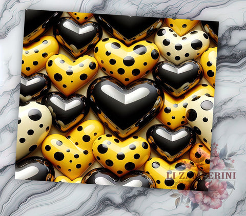 Modern 3D Dotted Hearts Yellow Tumbler, Yellow and Black Design, 20oz Tumbler Wrap, Heart Sublimation Art, Cute Drinkware Design, Modern Heart Tumbler, Valentine’s Day Gift Sublimation Li Zamperini 