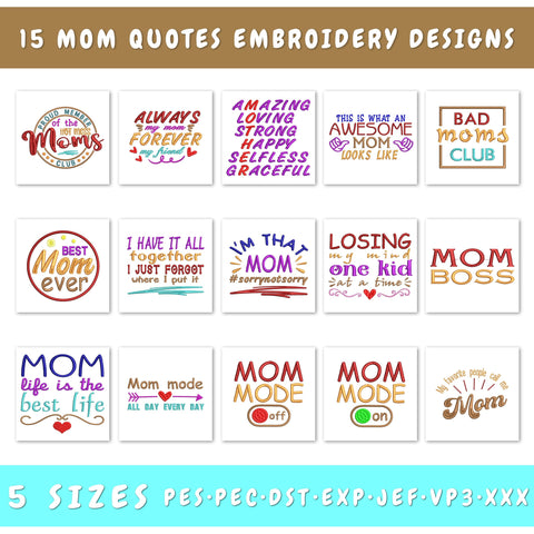 Mom Embroidery Designs Bundle - 15 Designs, Mother's Day Embroidery, Mom Quotes Embroidery Files, Mama PES Files Embroidery/Applique DESIGNS HappyDesignStudio 