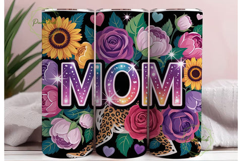 MOM Floral Leopard Glitter Tumbler Wrap Sublimation PixelChick 