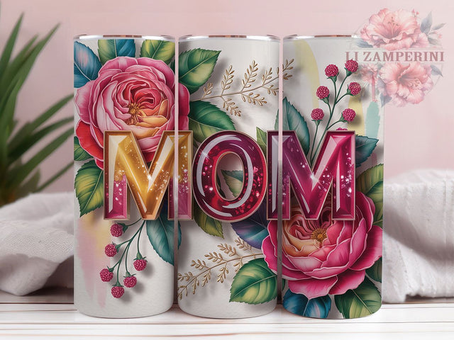 Mom Floral Pink Roses 20oz Tumbler, Pink Roses, Magenta Flowers, Mother’s Day, Elegant Design, 20oz Tumbler Wrap, Sublimation PNG Sublimation Li Zamperini 