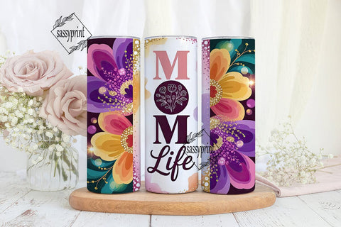 MOM life Floral Glitter Tumbler Wrap PNG Sublimation sassyprint 