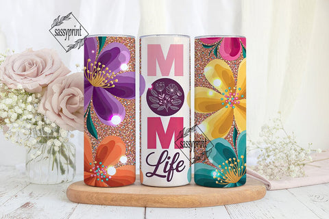 MOM life Floral Glitter Tumbler Wrap PNG Sublimation sassyprint 