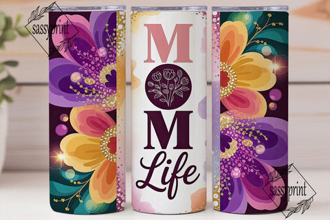 MOM life Floral Glitter Tumbler Wrap PNG Sublimation sassyprint 