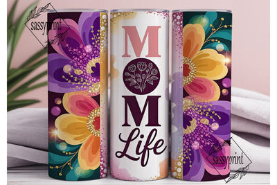 MOM life Floral Glitter Tumbler Wrap PNG Sublimation sassyprint 